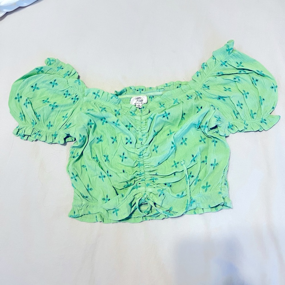 Green Ruched Floral Puff Sleeve Top SZ. M